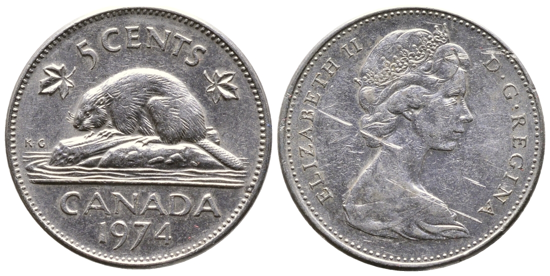 Канада 5 центов 1974 бобр, Елизавета II (1952-) KM 60.1 никель 4364-2437