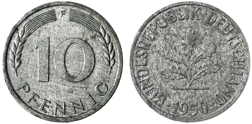ФРГ 10 пфеннигов 1950 F, уникальный экземпляр в другом металле цинк UNC 10-010-29
