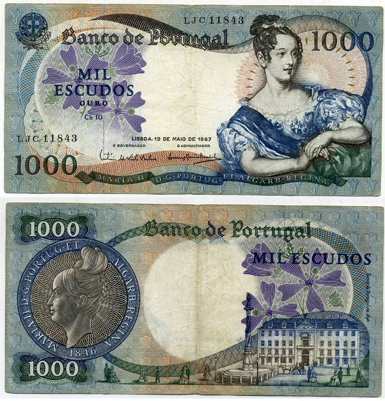 Португалия 1000 эскудо 1967 королева Мария II, Центральный банк Pick 172a бумага 000-00-00