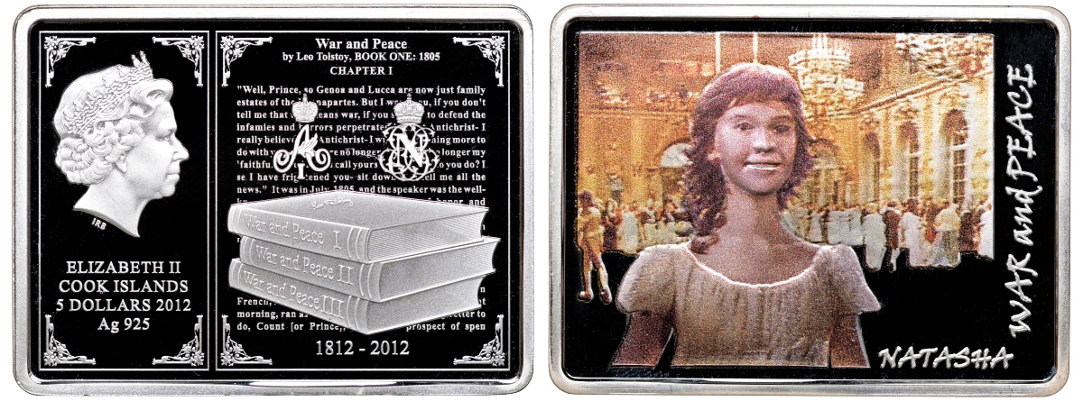 Острова Кука 5 долларов 2012 Лев Толстой, роман "Война и мир", Наташа Ростова, цветная эмаль KM NEW серебро PROOF 1071-5-44
