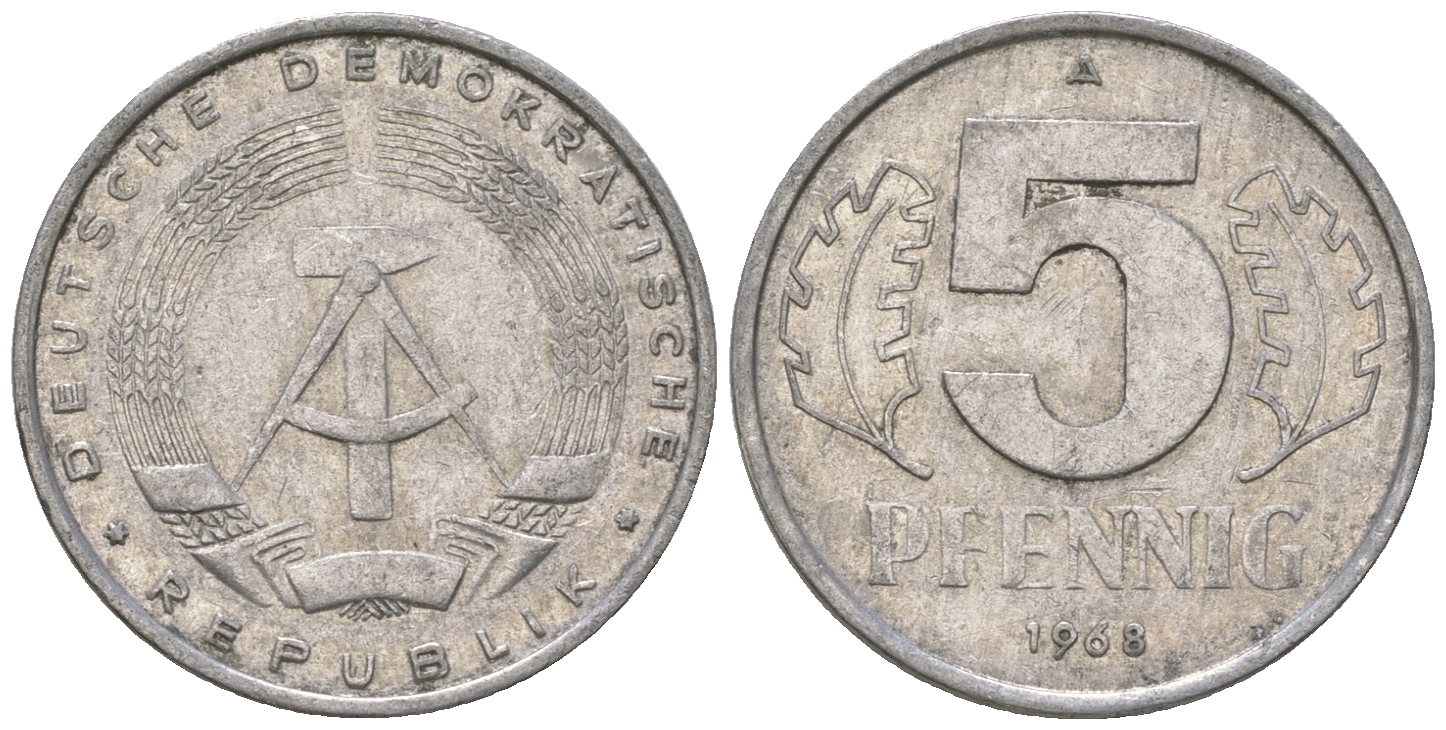 ГДР 5 пфеннигов 1968 A KM 9.1 алюминий 4625-618