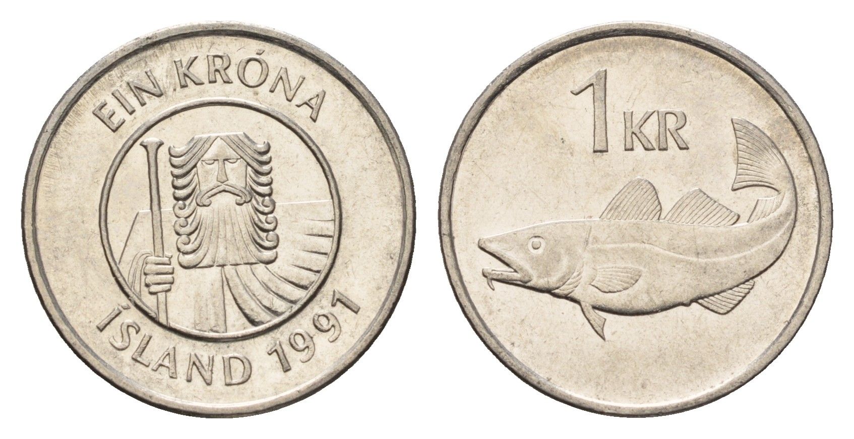 Исландия 1 крона 1991 треска KM 27a сталь плакированная никелем UNC 4691-547