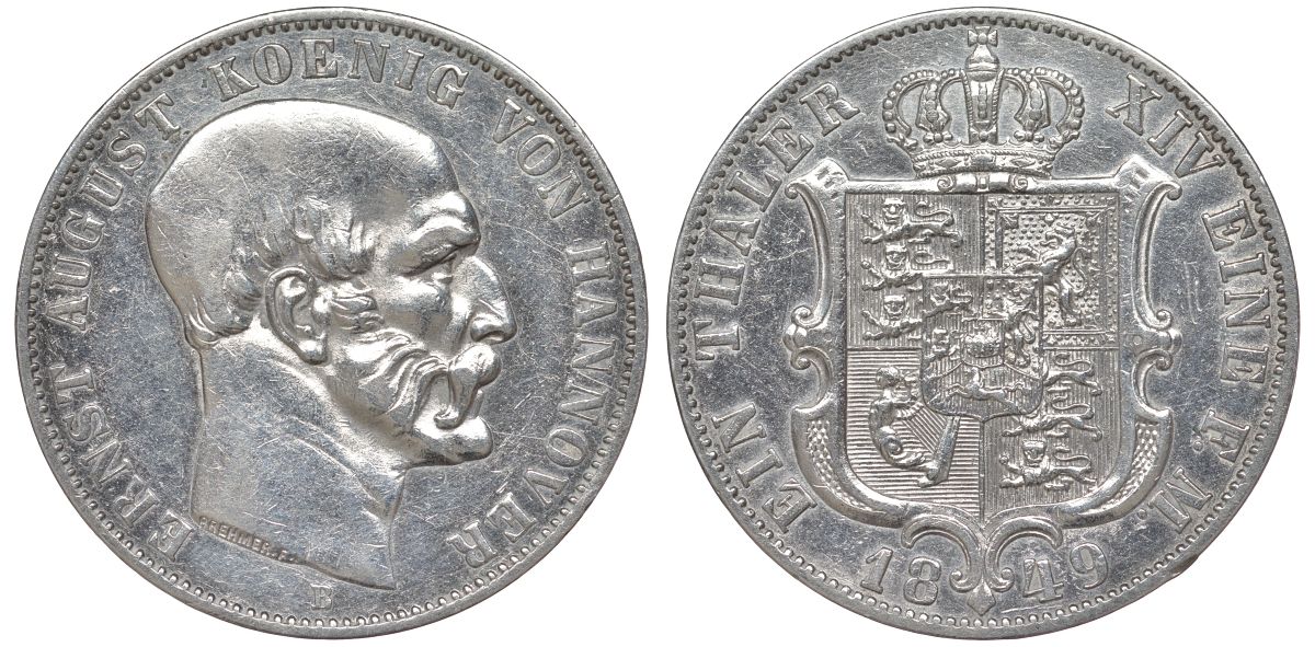 Брауншвейг-Каленберг-Ганновер 1 талер 1849 B, Эрнст Август (1837-1851) КМ 208, Thun 168, AKS 133, Jaeger 80, Kahnt 235, K.M. 209.1, Davenport 676 серебро 00-806-20