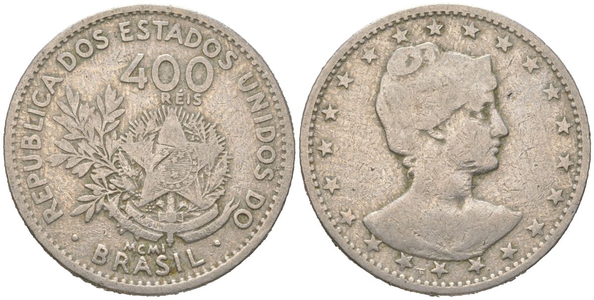 Бразилия 400 реалов 1901 MCMI, голова свободы вправо KM 505 медно-никель 4612-516