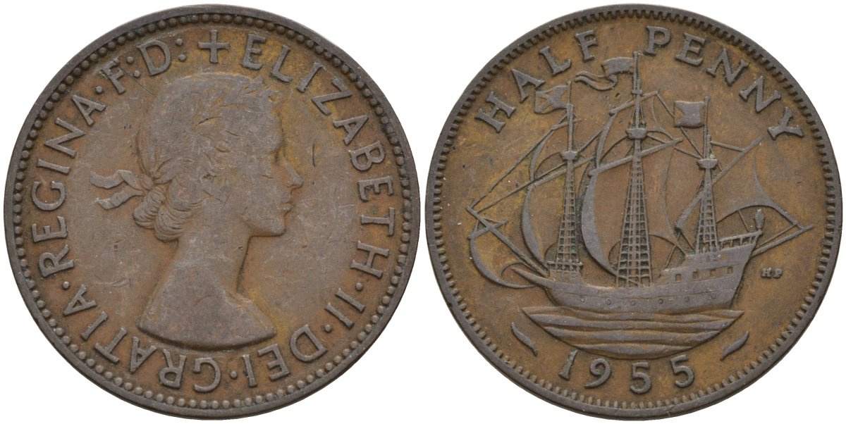 Великобритания 1/2 пенни 1955 Елизавета II (1952-2022) KM 896, Spink 4158 бронза 4146-252