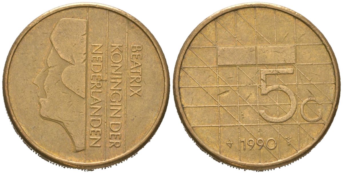 Нидерланды 5 гульденов 1990 Беатрикс (1980-2013) KM 210 никель плакированный бронзой 4620-543