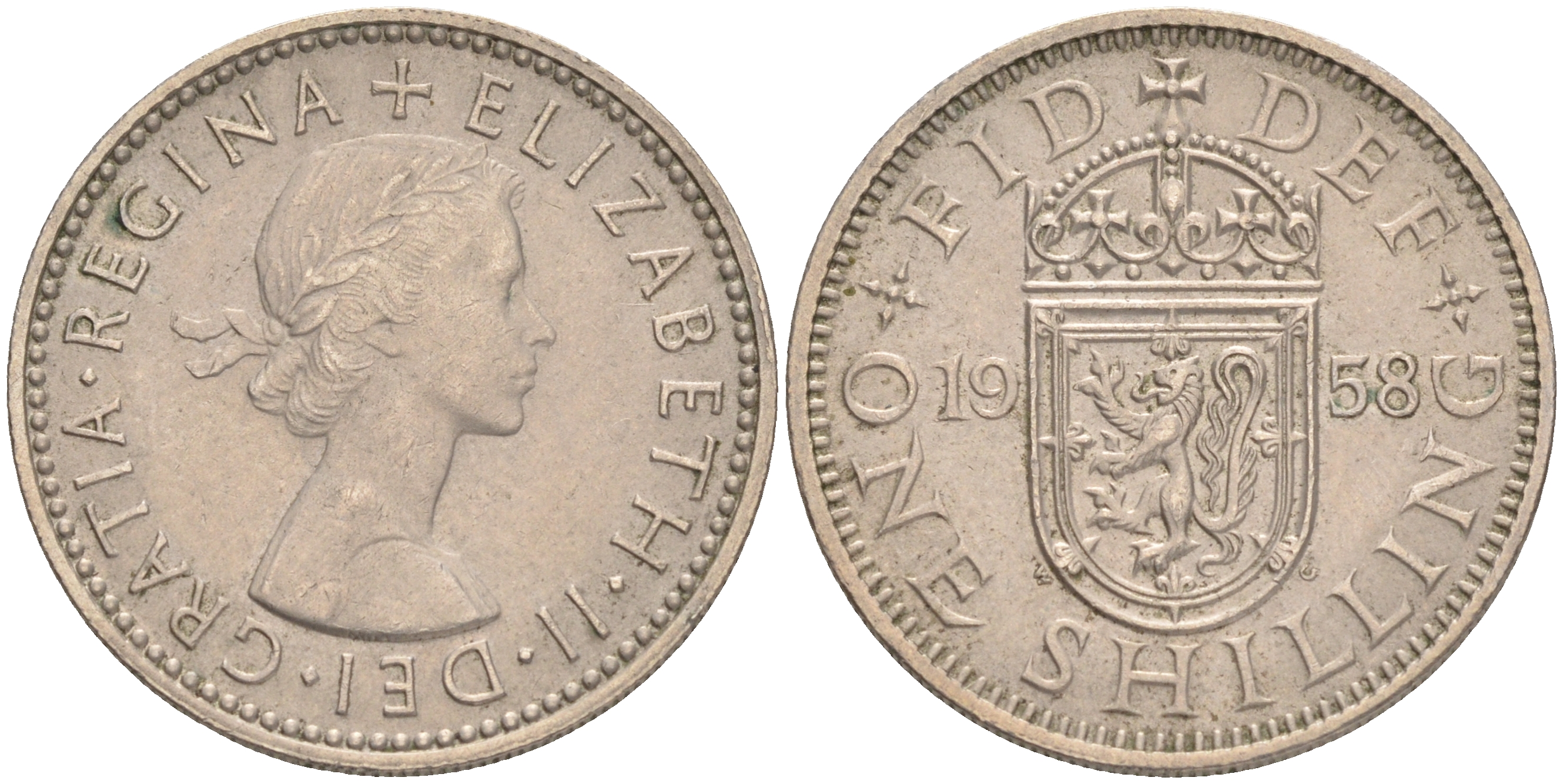 Великобритания 1 шиллинг 1958 Елизавета II (1952-2022), Шотландский герб KM 905, Spink 4148 медно-никель 4561-743