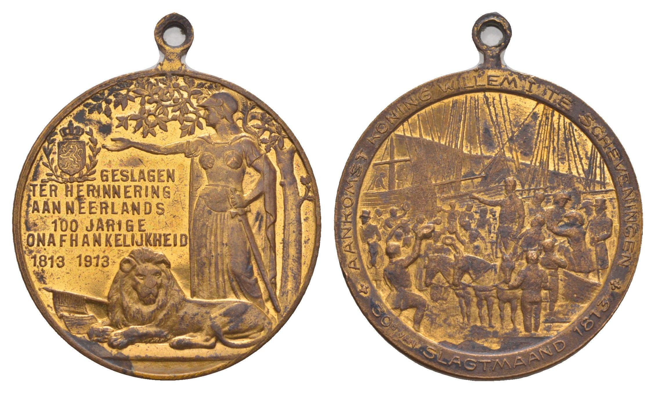 Нидерланды медаль "100-летия независимости Нидерландов 1813–1913" 1913 Прибытие короля Виллема I в Схевенинген, диаметр 29 мм, вес 9 гр бронза 4044-1314