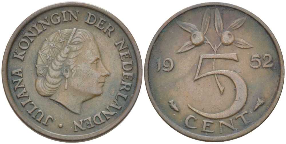 НИДЕРЛАНДЫ 5 ЦЕНТОВ 1952 ЮЛИАНА (1948-1980) KM 181 бронза 213-1014