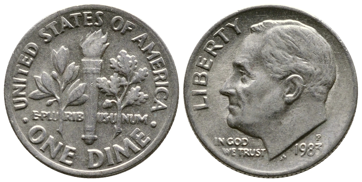 США 10 ЦЕНТОВ = 1 ДАЙМ 1983 P, РУЗВЕЛЬТ KM 195а медь плакированная медно-никелем 57-1225