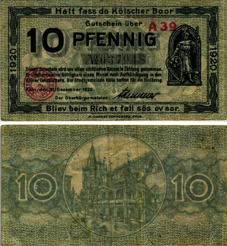 КЁЛЬН 10 ПФЕННИГОВ 1920 31 ДЕКАБРЯ 1920, НОТГЕЛЬД, СЕВЕРНЫЙ РЕЙН-ВЕСТФАЛИЯ, СЕРИЯ А 39 Keller К30.15а бумага 6318-27-3-1