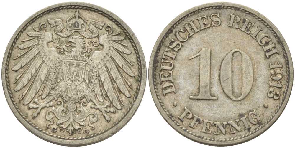 ГЕРМАНИЯ 10 ПФЕННИГОВ 1913 G KM 12, J. 13, Weege 8 медно-никель 212-237