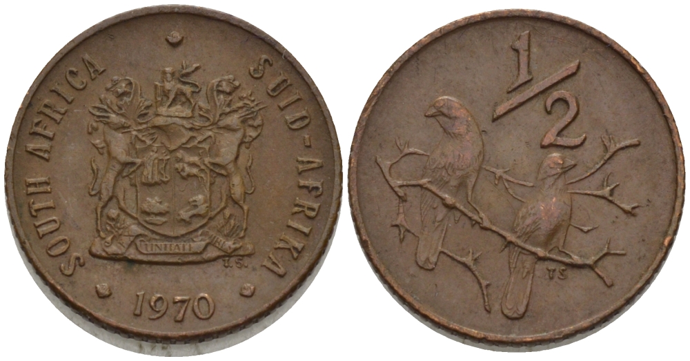 ЮАР 1/2 цента 1970 два капских воробья на ветке KM 81 бронза 66-315