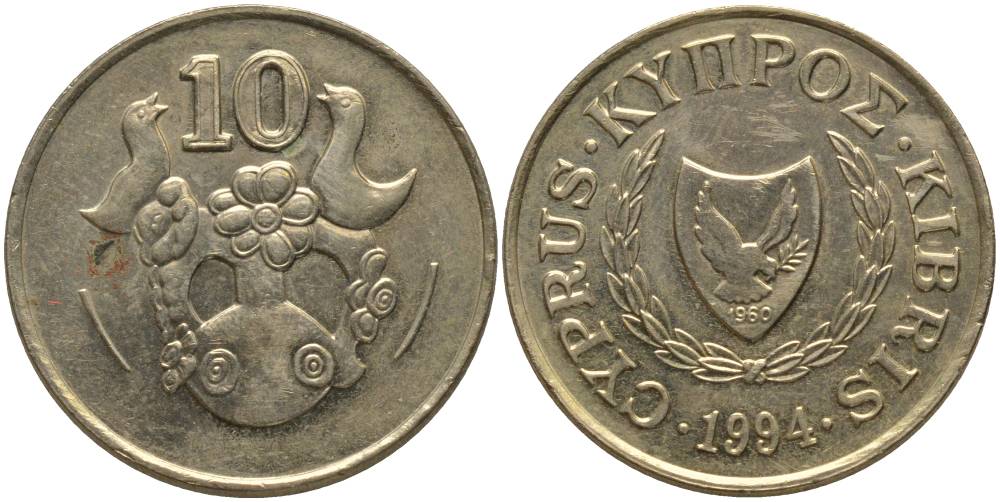 КИПР 10 ЦЕНТОВ 1994 ВАЗА С ПТИЧКАМИ KM 56.3 никель латунь 181-521