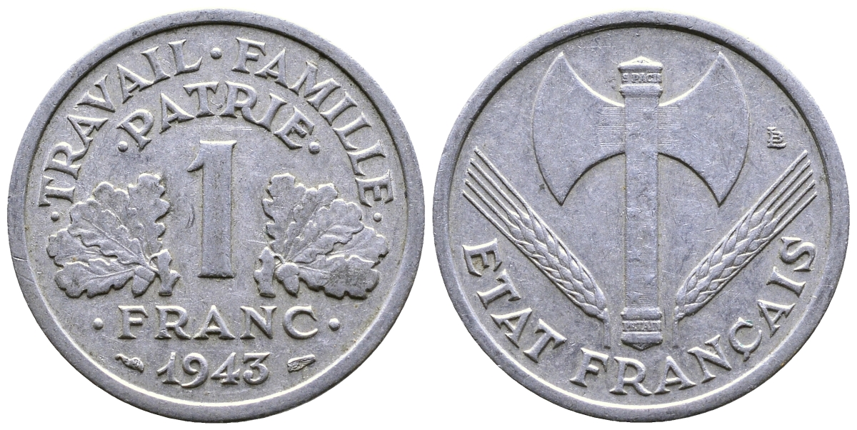 ФРАНЦИЯ 1 ФРАНК 1943 LB, ТИП LEGERE, ПРАВИТЕЛЬСТВО ВИШИ KM 902.1, LE FRANC 223.3 алюминий 51-4132