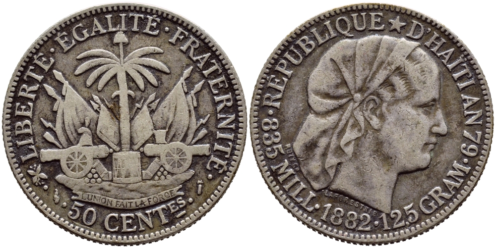 Гаити 50 сантимов 1882 KM 47 серебро 00-000-00