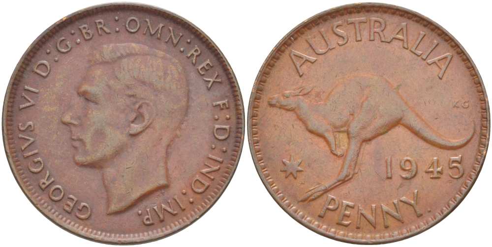 Австралия 1 пенни 1945 p, Георг VI (1937-1952), кенгуру KM 36 бронза 4512-1135