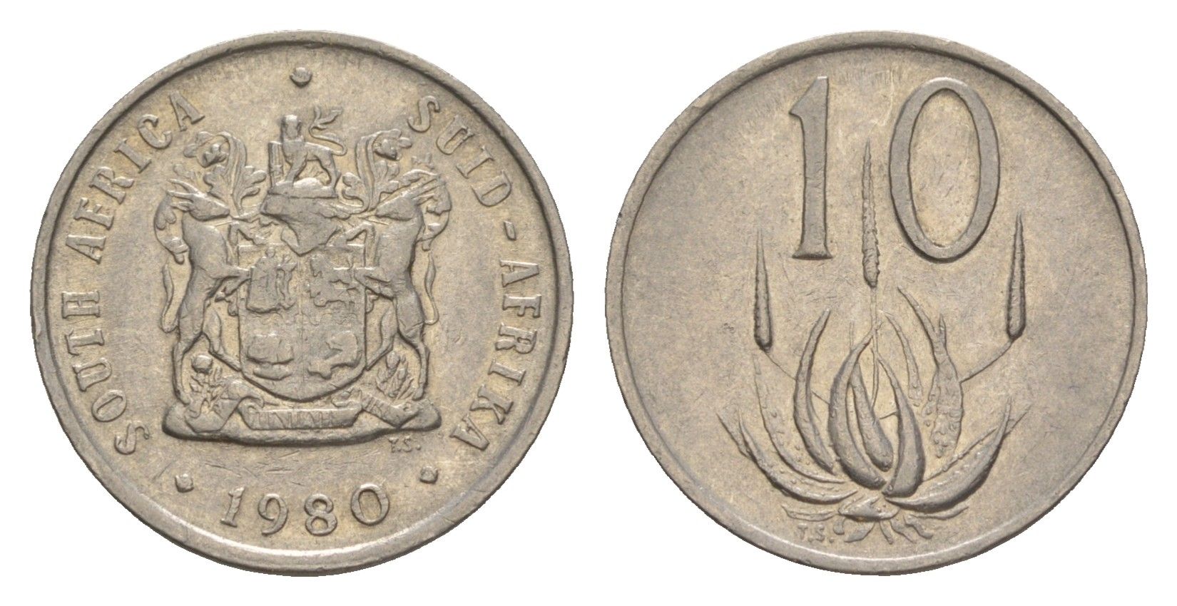 ЮАР 10 центов 1980 герб, цветок алоэ KM 85 никель 4380-131