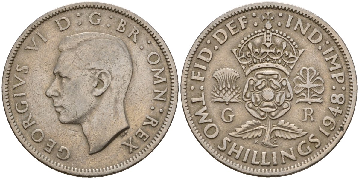 Великобритания 2 шиллинга (флорин) 1948 Георг VI  (1936-1952) KM 865, Spink 4102 медно-никель 4599-315