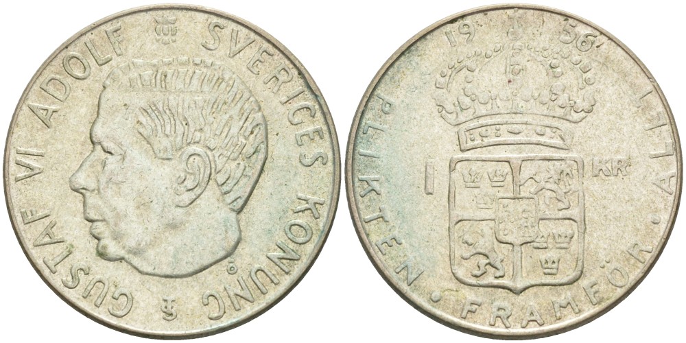 Швеция 1 крона 1956 TS, Густав VI Адольф (1950-1973) KM 826 серебро 3851-1223
