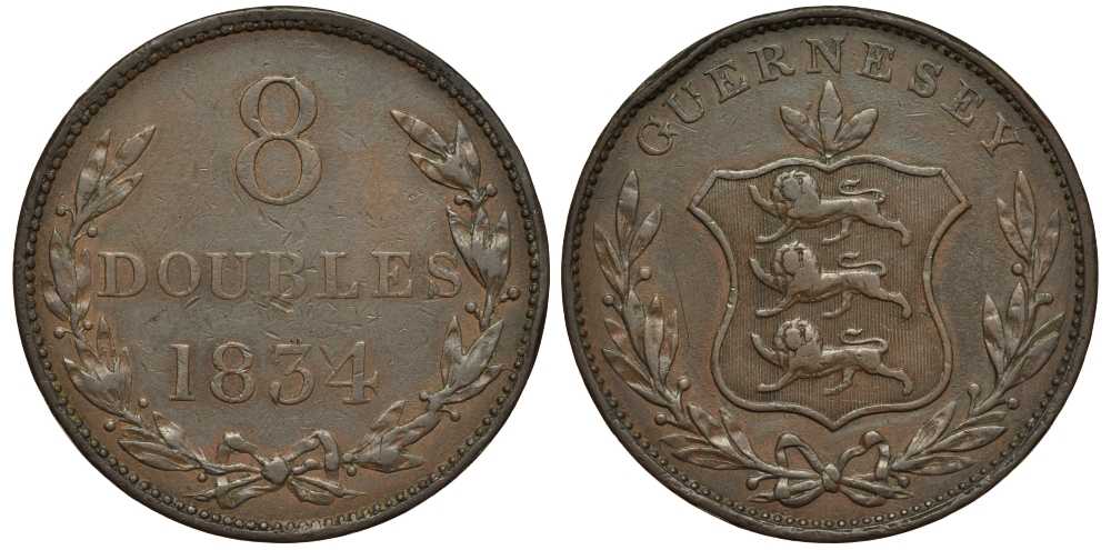 Гернси 8 даблов (дублей) 1834 KM 3 медь 650-633