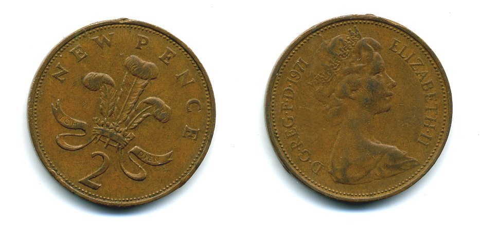 Великобритания 2 пенса 1971 Елизавета II (1952-2022) KM 916, Spink 4235 (C1) бронза 54-1415