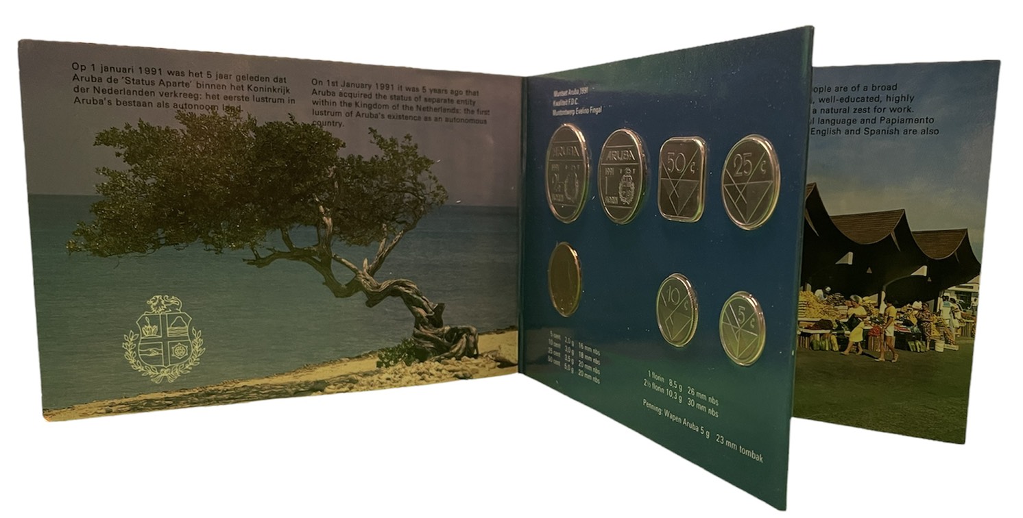 Аруба официальный набор из 6 монет 1991 в оригинальном буклете, с жетоном монетного двора KM MS6 UNC 2-5-2-35