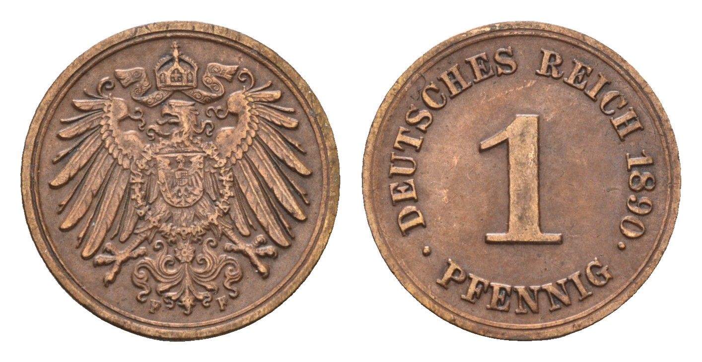 Германия 1 пфенниг 1890 F, Вильгельм II (1888-1918) KM 10, J. 10 медь 54-322