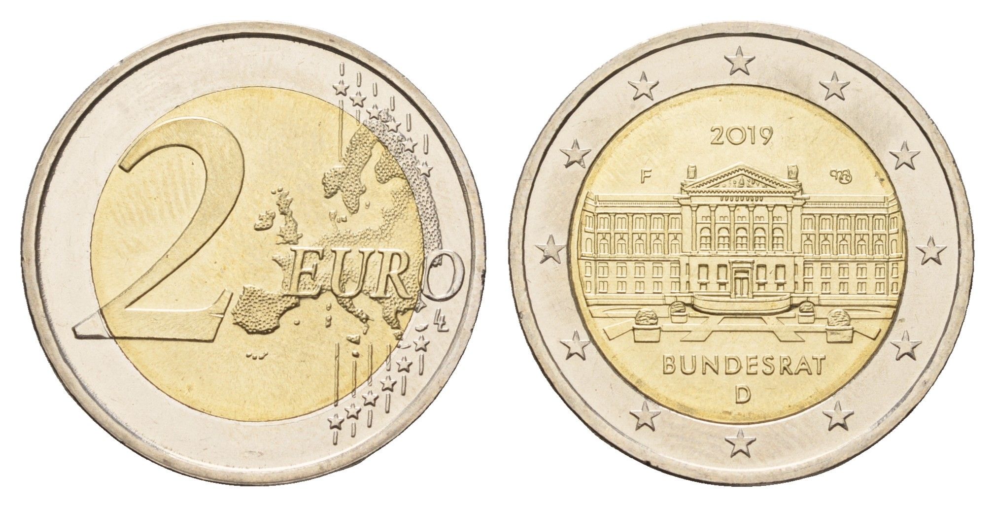 Германия 2 евро 2019 F, 70 лет Бундесрату KM 377 биметалл UNC 72-1746
