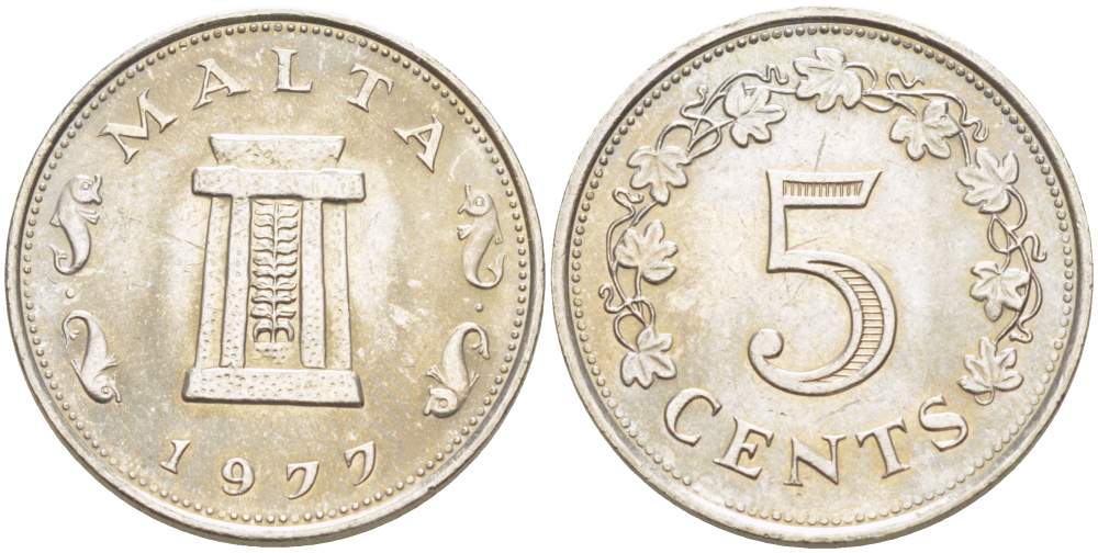 Мальта 5 центов 1977 Ритуальный алтарь в храме Хаджар-Ким KM 10 медно-никель 4521-1141