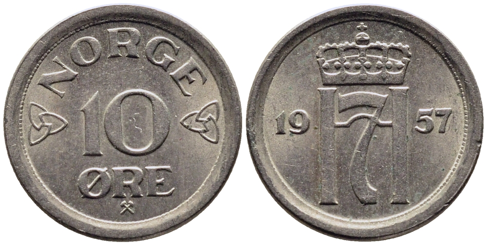 НОРВЕГИЯ 10 ЭРЕ 1957 KM 396 медно-никель 4387-819