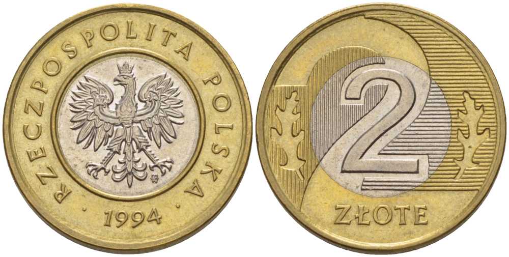 Польша 2 злотых 1994 MW KM 283 биметалл 80-231