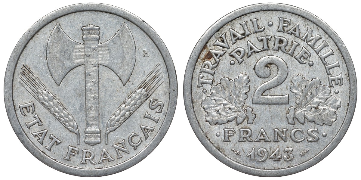 Франция 2 франка 1943 правительство Виши KM 904.1, Le Franc 270.2 алюминий 4123-424