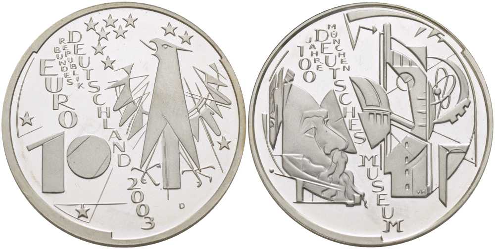 ФРГ 10 евро 2003 D, 100 лет немецкому музею в Мюнхене KM 225, DE.S. 10.6 серебро PROOF 413-6121