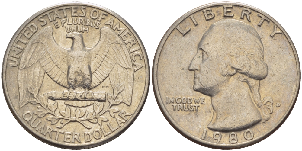 США 25 центов (квотер) 1980 D, Вашингтон KM А164а медь плакированная медно-никелем 31-735