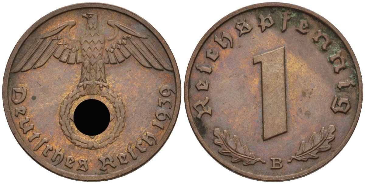 Германия 1 рейхспфенниг 1939 B KM 89, J 361 бронза 4608-632