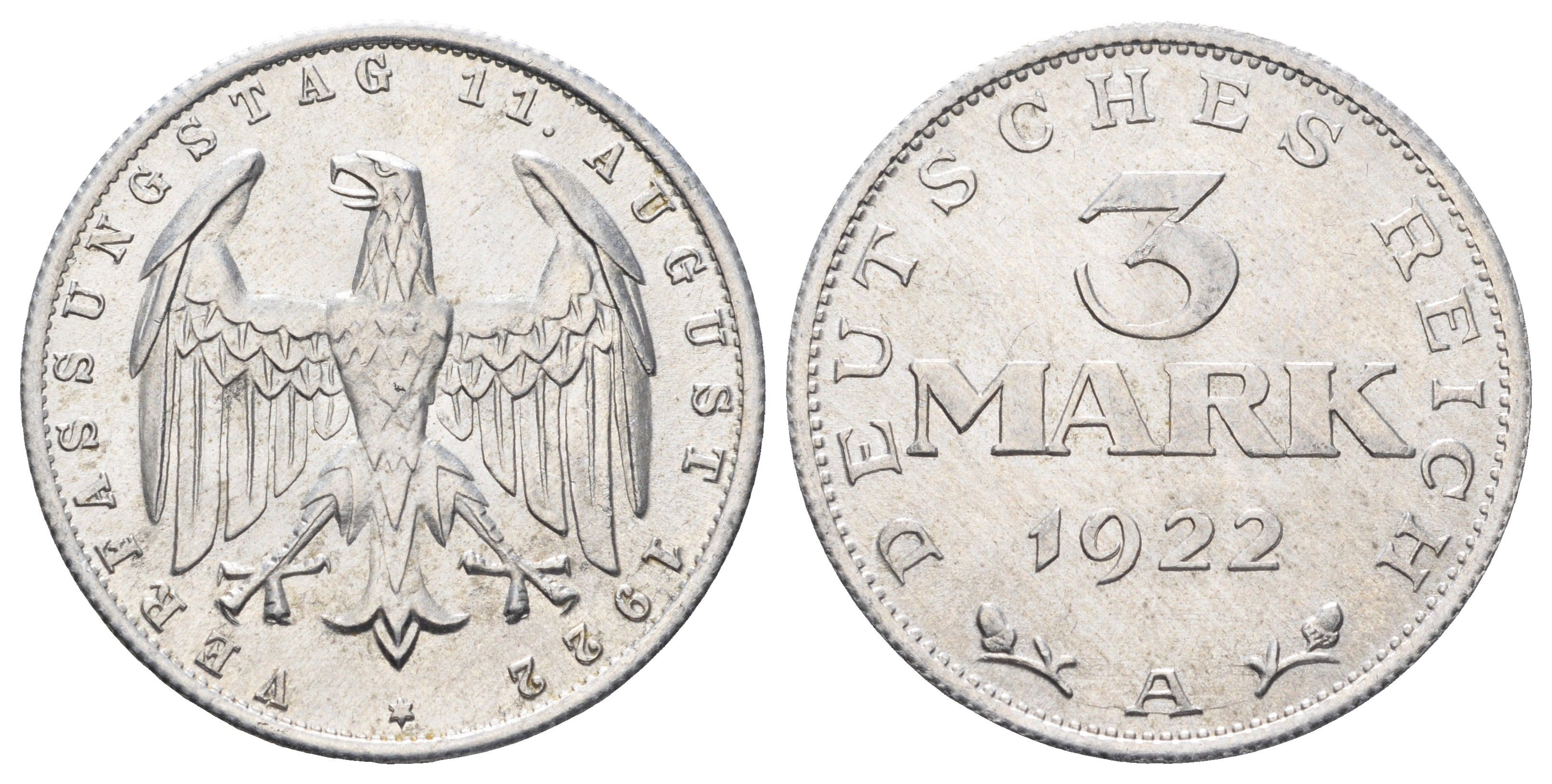 Германия 3 марки 1922 A, 3-я годовщина Веймарской конституции KM 29 алюминий UNC 4654-641