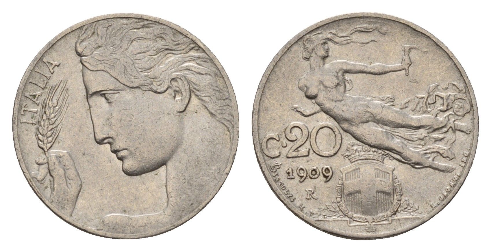 Италия 20 чентезимо 1909 R, Виктор Эммануил III (1900-1946) KM 44 медно-никель 4119-552