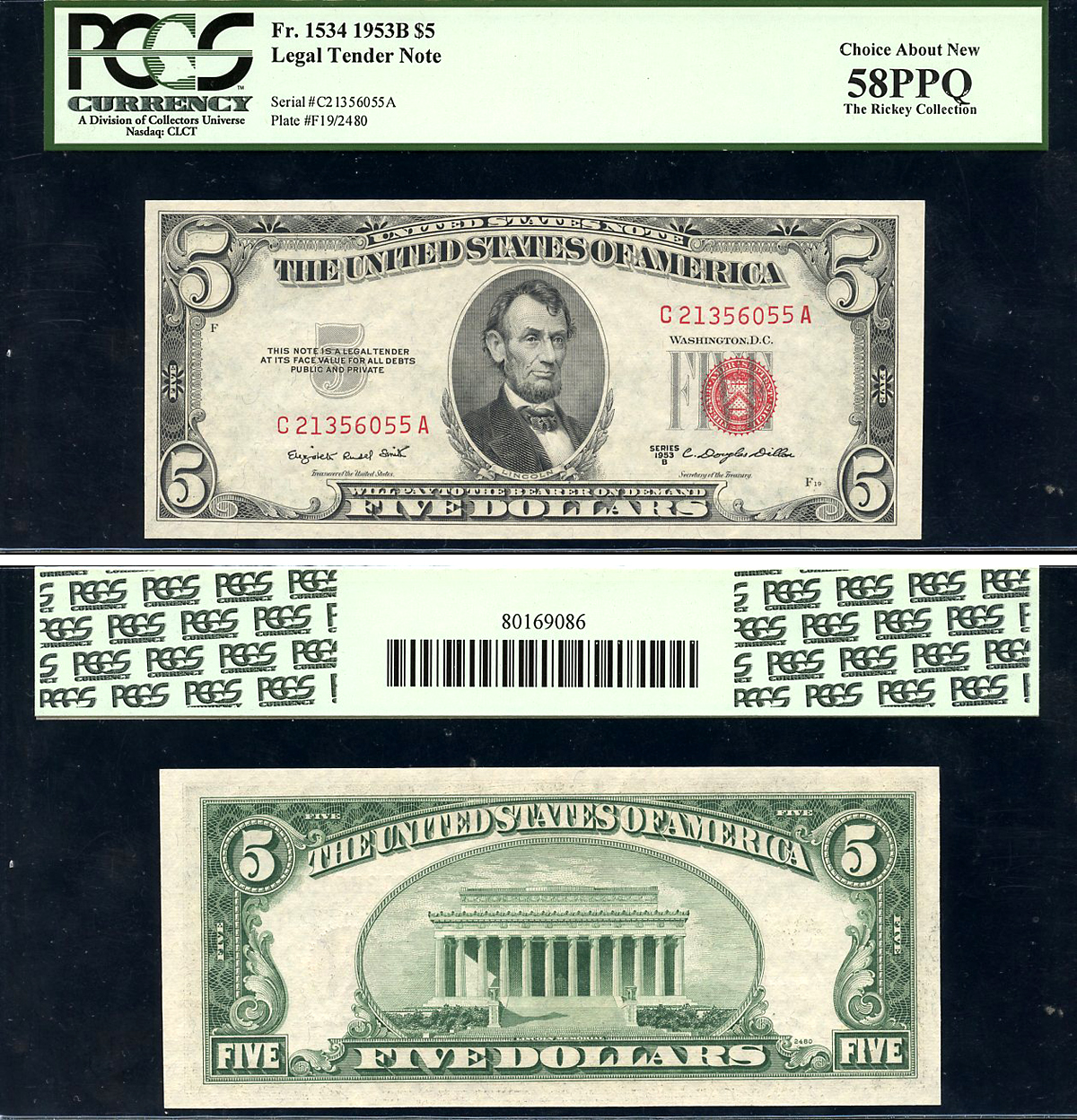 США 5 долларов 1953 серия 1953B, в слабе PCGS 58 PPQ Choice About New, красный номер Pick 381 b, Fr. 1534  бумага  aUNC 452-3-44