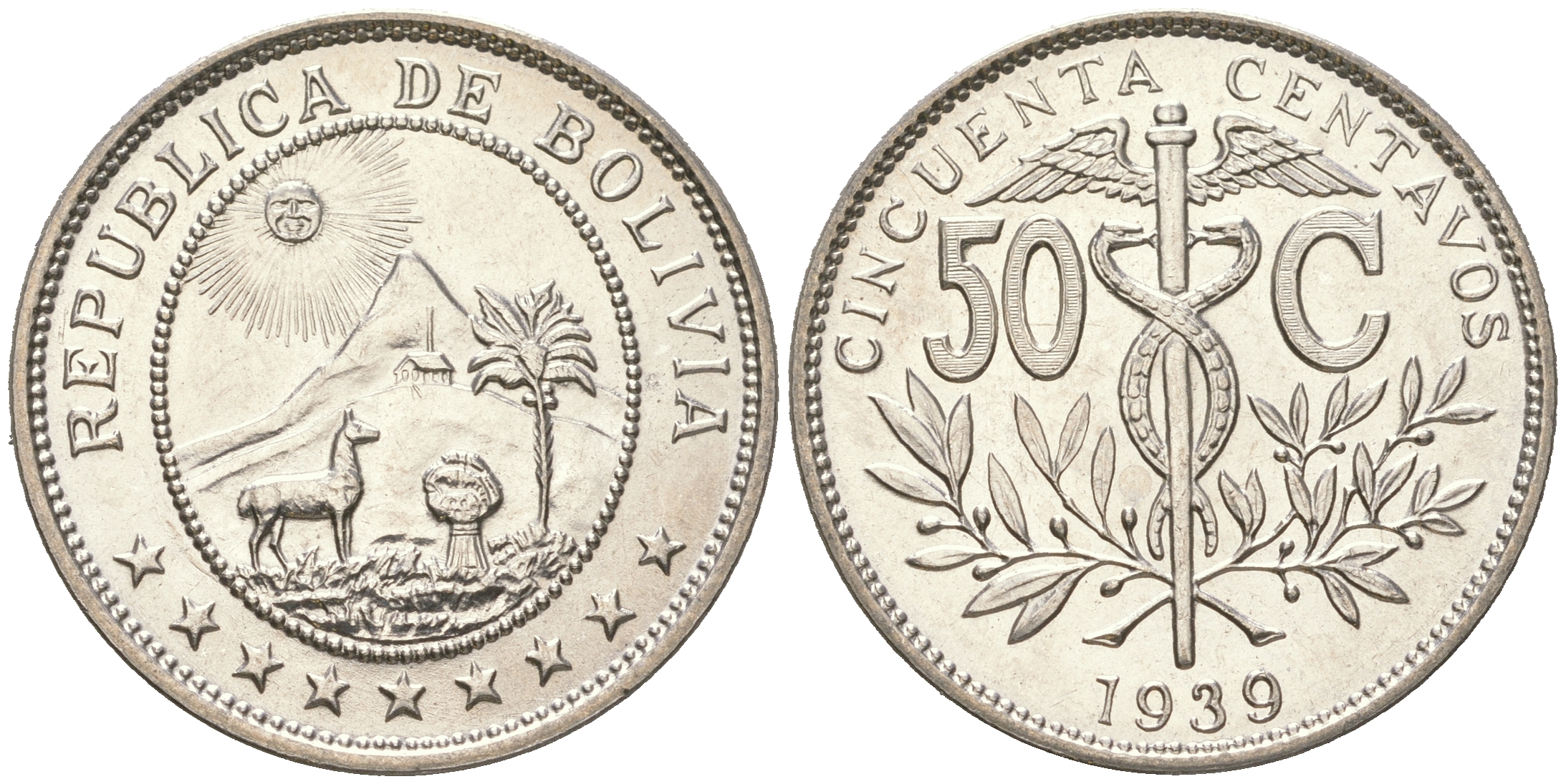 Боливия 50 сентаво 1939 кадуцей, лама, горы, солнце KM 182 медно-никель aUNC M33-14