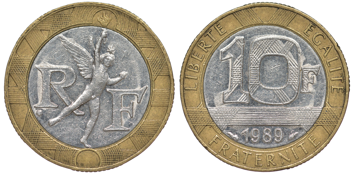 Франция 10 франков 1989 тип гений Бастилии KM 964.1, Le Franc 375.3 биметалл 45-622