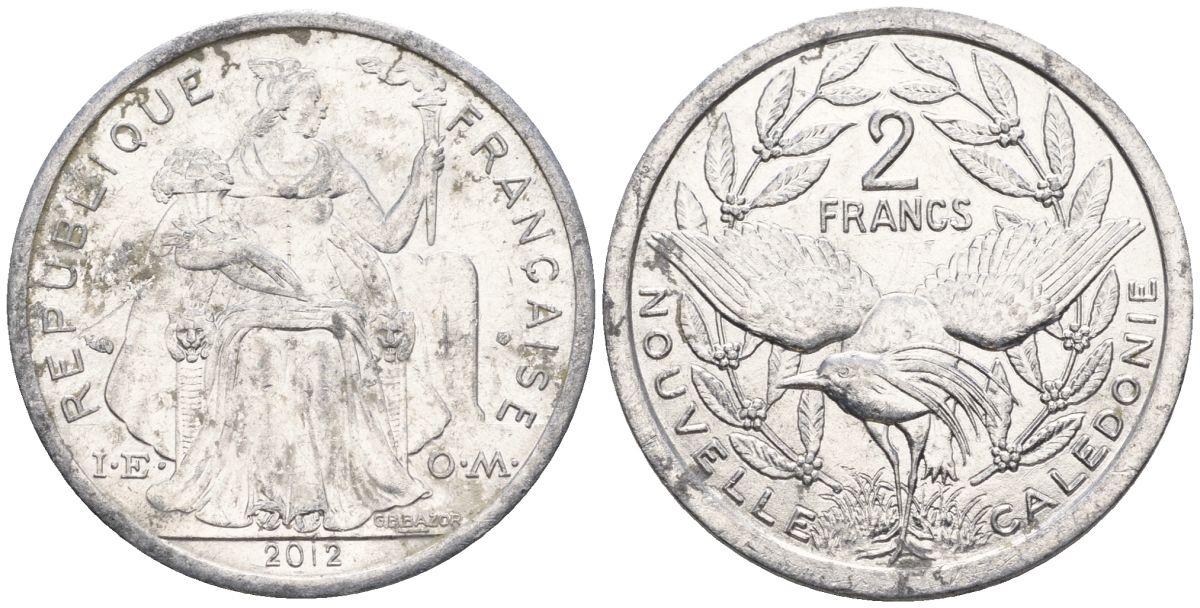 Французская Новая Каледония 2 франка 2012 птица кагу, (IEOM) KM 14, Schoen 11 алюминий    29-734