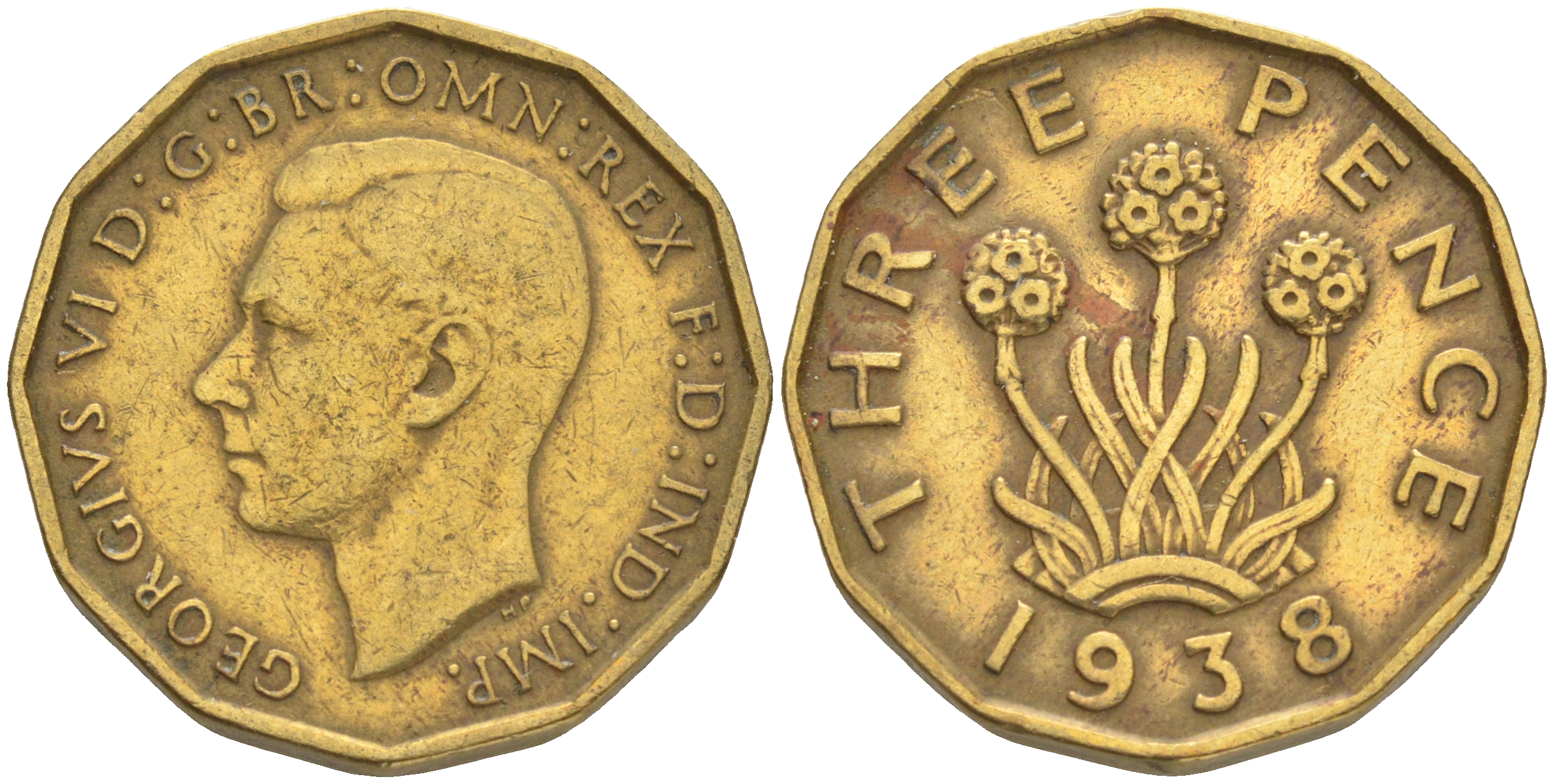 Великобритания 3 пенса 1938 Георг VI (1936-1952) KM 849, Spink 4112 никель-латунь 4556-1046