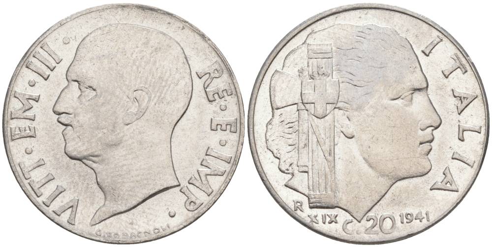 ИТАЛИЯ 20 ЧЕНТЕЗИМО 1941 R, ГОД XIX, ВИКТОР ЭММАНУИЛ III (1900-1946) KM 75b, VEM3. 1028 нержавеющая сталь 3853-1147