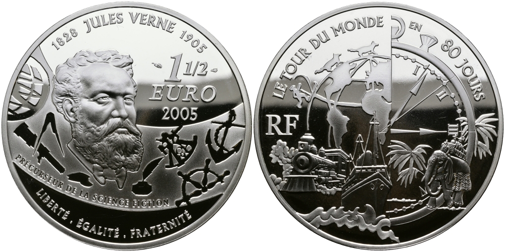 Франция 1 1/2 евро 2005 Жюль Верн, вокруг света за 80 дней KM 2029 серебро PROOF 1068-10-22