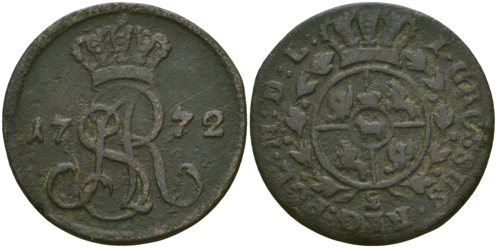 ПОЛЬША 1 ГРОШ 1772 G, SAR МОНОГРАММА KM 177(C38) медь 65-724