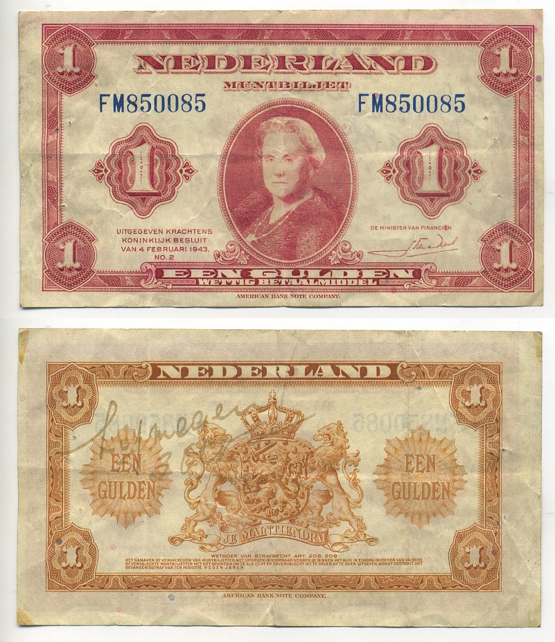 Нидерланды 1 гульден 1943 7 февраля 1943, Вильгельмина, номер радар 850058 Pick 64 бумага 6266-25-1