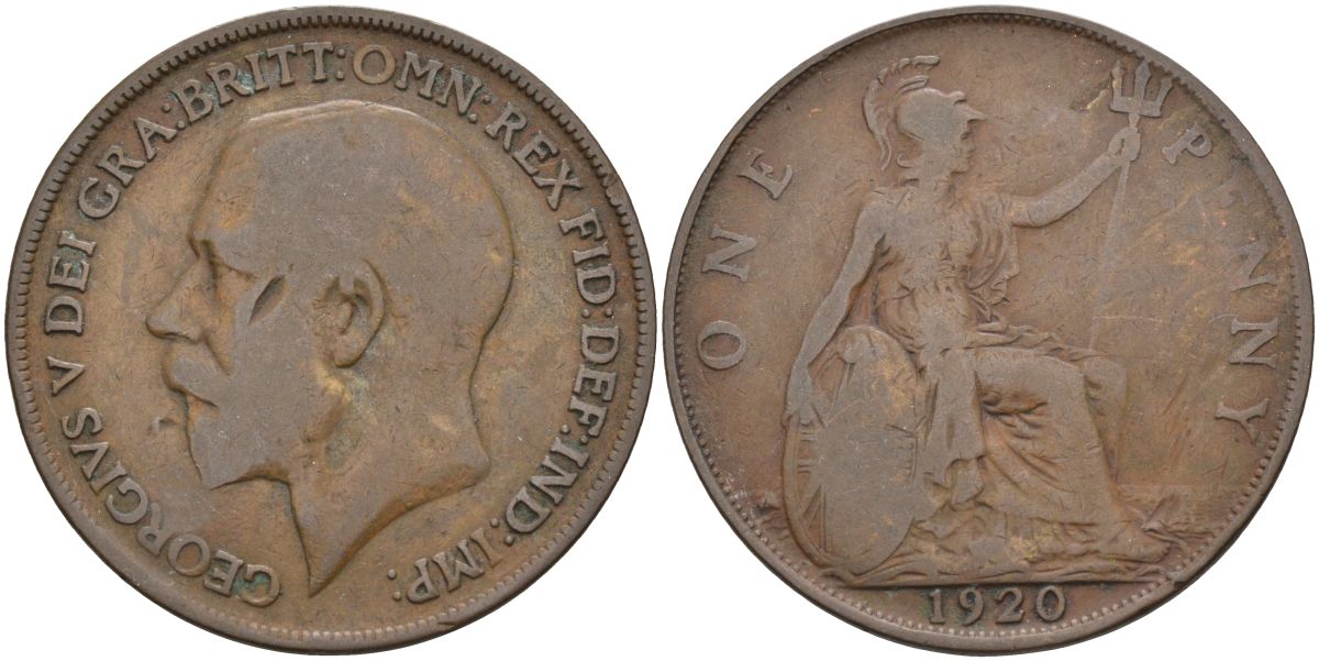Великобритания 1 пенни 1920 Георг V (1910-1936) KM 810, Spink 4051 бронза 4117-813