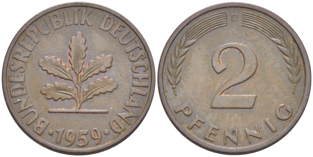 ФРГ 2 ПФЕННИГА 1959 D KM 106, J. 381 бронза 3955-627
