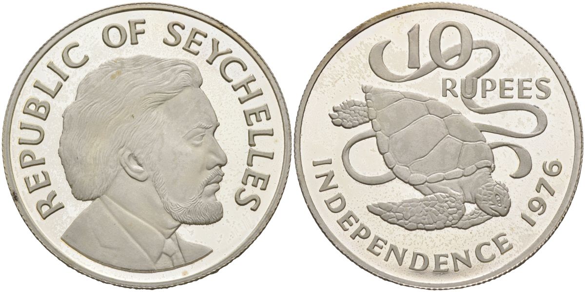 Сейшельские острова 10 рупий 1976 декларация независимости, зелёная морская черепаха KM 28а серебро PROOF 1098-3-62
